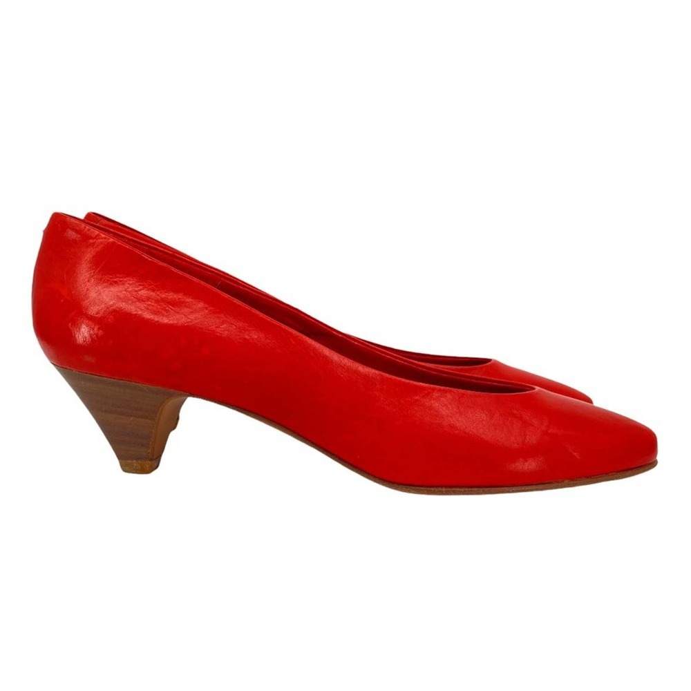 Vintage 80s Red Leather Wood Stacked Kitten Heel Pumps